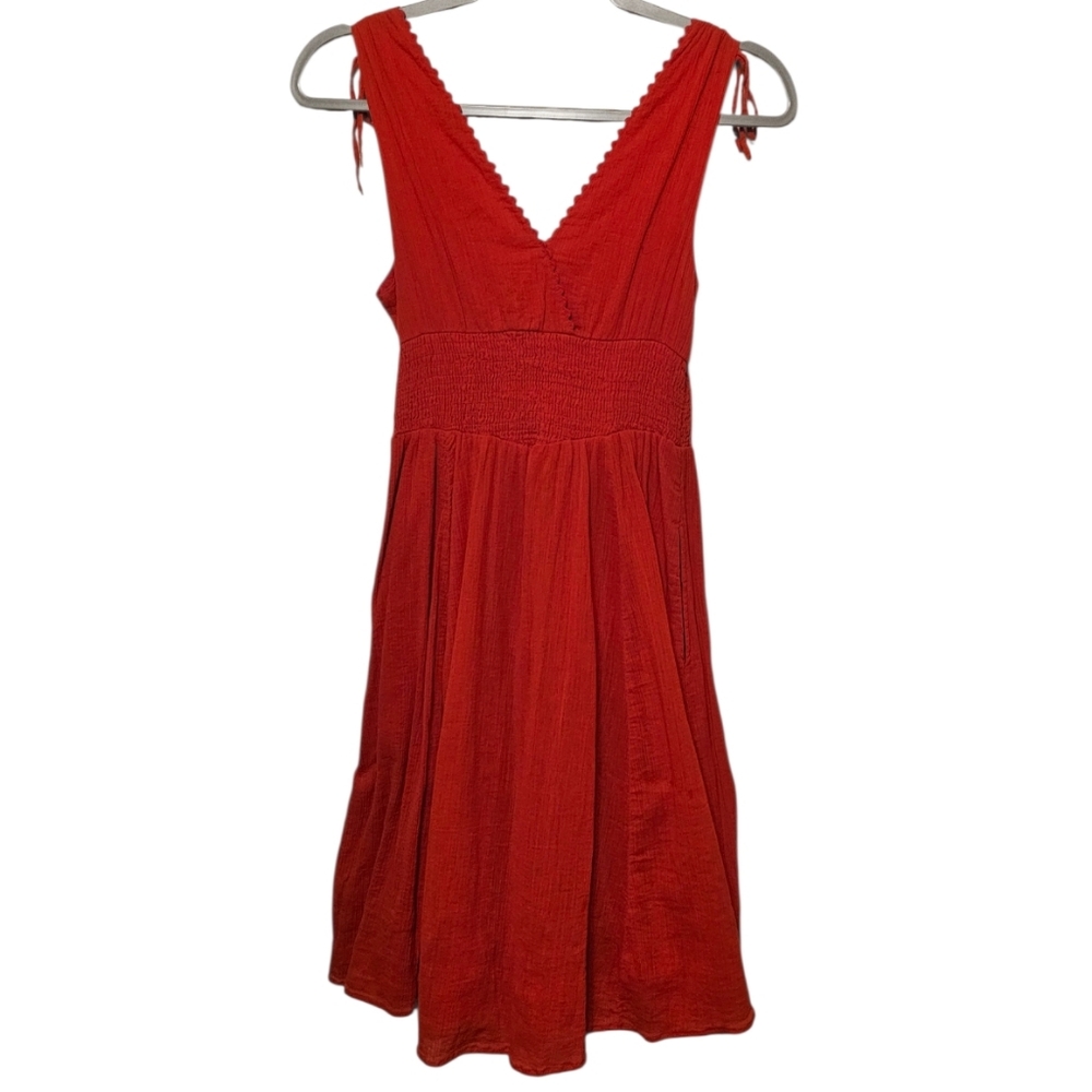 Maeve Anthropologie Red Smocked Waist Cotton Midi Dress Sz 6 Boho Cottagecore - Picture 8 of 9